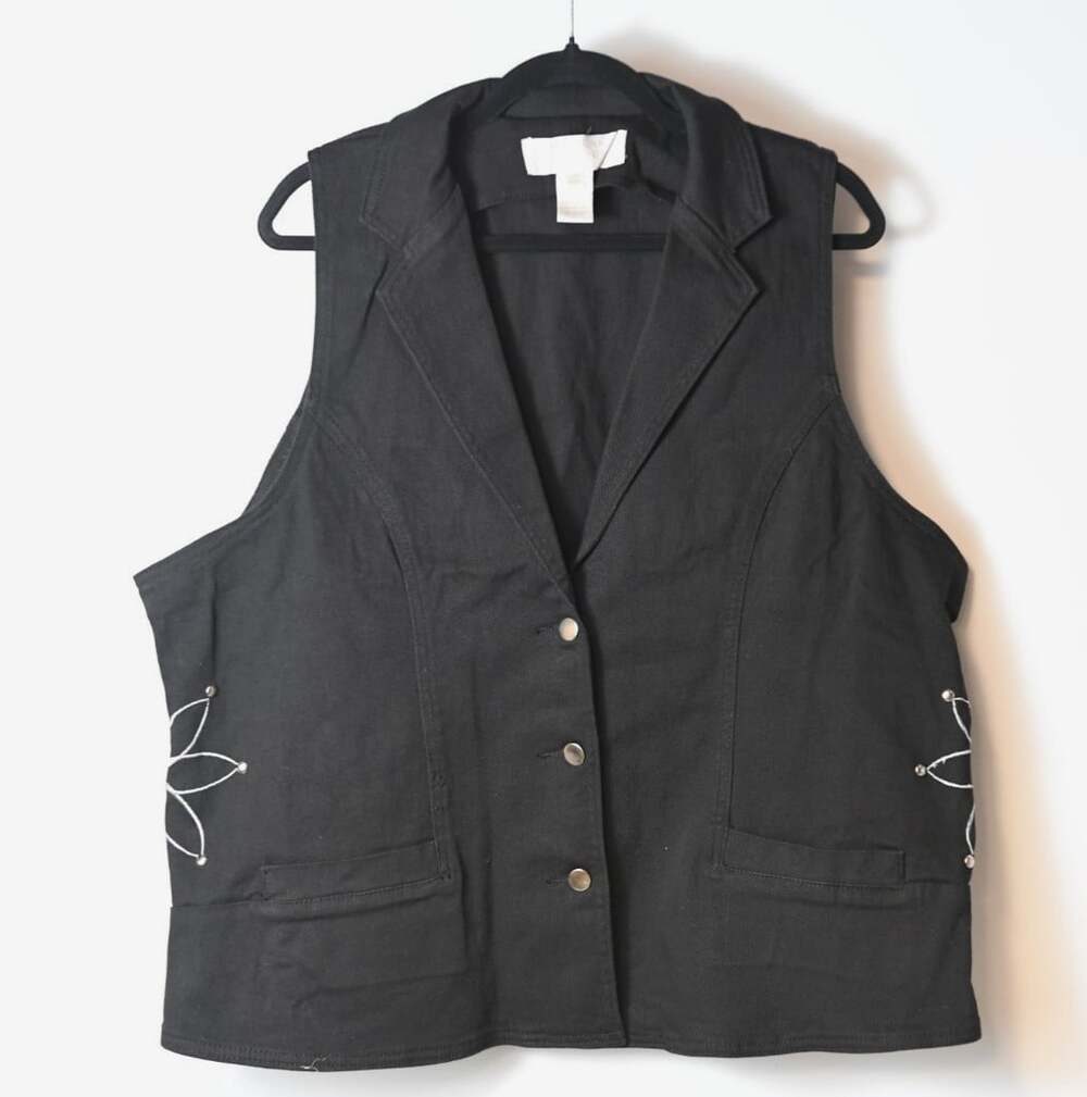 American Glamour Badgley Mischka Denim Vest Studded Moto Embroidery 3X Black